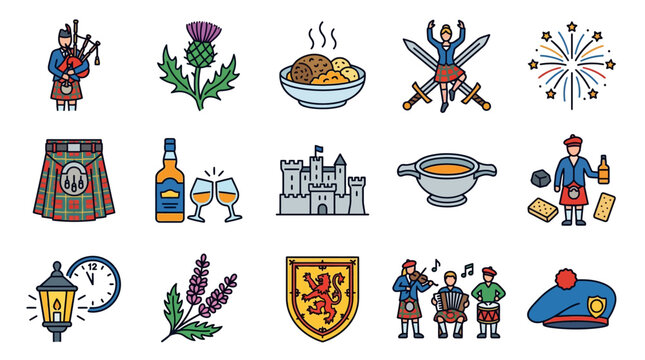 Colorful Scottish Icons Representing Culture and Celebration