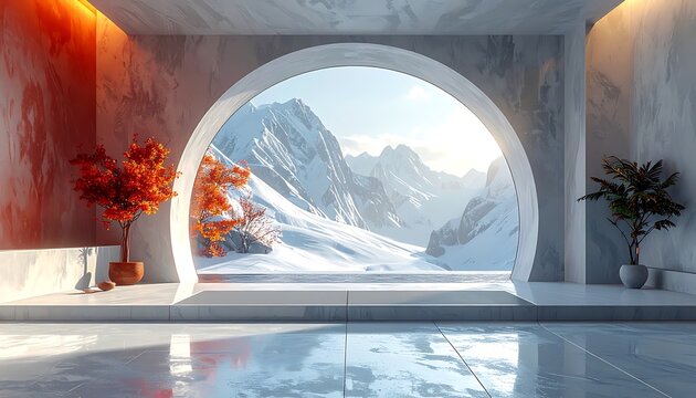 Modern interior with large round window.