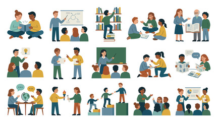 Fototapeta premium Flat Illustration of Diverse People Learning and Teaching in Various Educational Settings