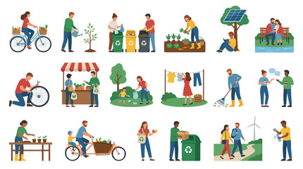 Fototapeta premium Diverse People Embracing Sustainable Lifestyle, Flat Vector Art