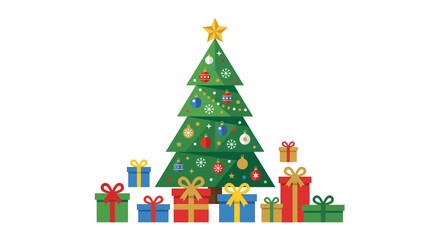 Fototapeta premium Minimalist flat vector illustration of a decorated green Christmas tree with a gold star on top, colorful ornaments, and various gift boxes with ribbons isolated on white background.