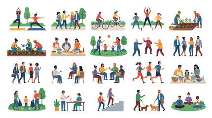 Naklejka premium Flat vector illustration of diverse people enjoying healthy activities and community engagement