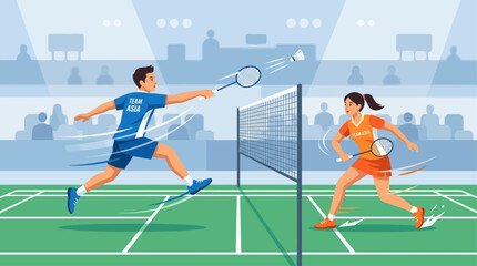 Fototapeta premium A dynamic flat design illustration of Asian badminton players in action, capturing the swiftness and skill of the sport. 