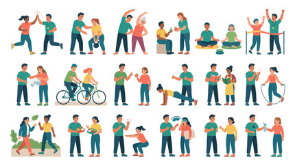 Fototapeta premium Diverse People Flat Vector Illustrations: Health, Wellness, Lifestyle, and Social Interaction Activities