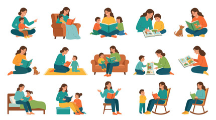 Fototapeta premium Flat Style Illustration Set of Mothers and Children Reading Books, Family Education Learning Moments