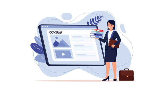 Businesswoman standing next to a large tablet showing a website content layout while holding a stack of folders for data management concept.