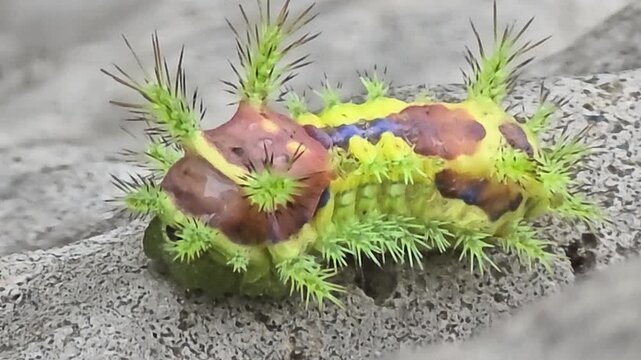 
4K Extreme Close-up Macro Shot of a Colorful Spiny Slug Caterpillar Standing Still on a Stone Surface #001

 
