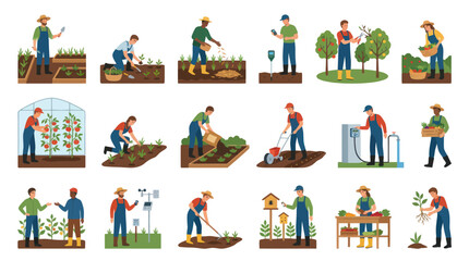 Naklejka premium Flat Vector Illustration Set of People Gardening and Farming Activities in Agriculture Niche