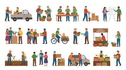 Fototapeta premium Flat Art Farmers Market Stall Selling Local Produce with Diverse People