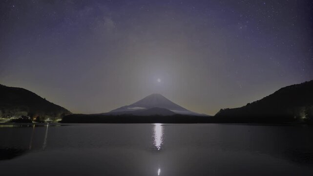 (HDR PQ 2100 10bit 4:2:2) - The Milky Way Beyond the Moon Rising Above Snow-Capped Mt. Fuji from Lake Shojiko &ndash; Moonlit Timelapse &ndash; Black Crush Fixed, Noise Reduced &ndash; 4K Astrophotography Japan	