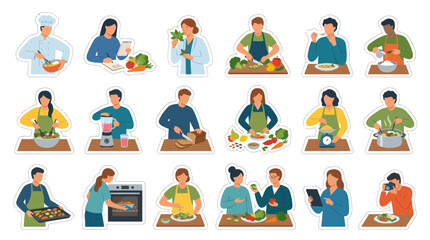 Fototapeta premium Flat Vector Illustration of People Cooking, Preparing Meals, and Healthy Food in Kitchen for Culinary Lifestyle