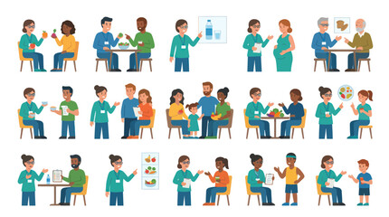 Fototapeta premium Flat Vector Illustration Set of Dietitian and Nutritionist Consultations on Healthy Eating Lifestyle