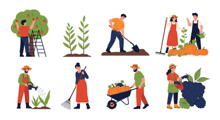 Fototapeta premium Collection of diverse people engaged in various gardening and farming activities such as planting, watering, and harvesting crops.