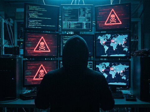 Cyber Terrorist Hacking Global Network with Skull Warning Icons on Multiple Monitors