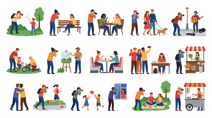 Fototapeta premium People Lifestyle Flat Vector Illustration Set: Diverse Social Activities, Hobbies, and Daily Life Scenes