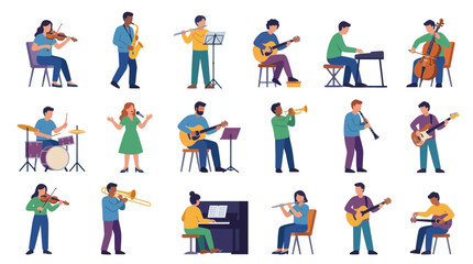 Fototapeta premium Flat Design Vector Illustration of People Playing Musical Instruments in Various Poses - Music Arts Collection