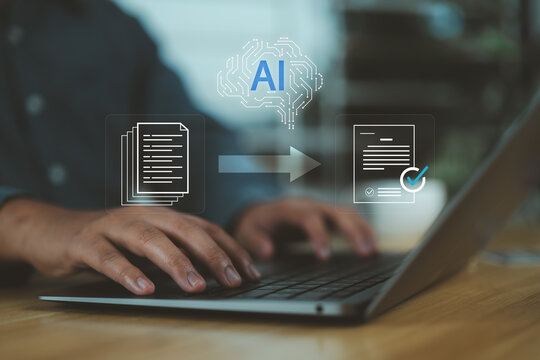 AI document summarization and text processing. Automated content processing and information extraction. Man using AI tools on laptop computer.