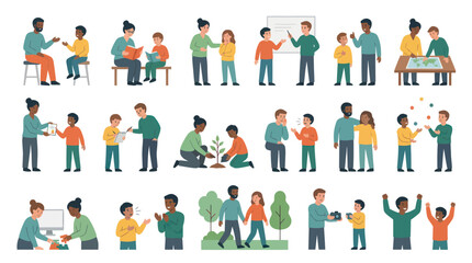Fototapeta premium Flat Vector Illustrations of Adult-Child Interactions: Education, Mentorship, Learning Development Concepts