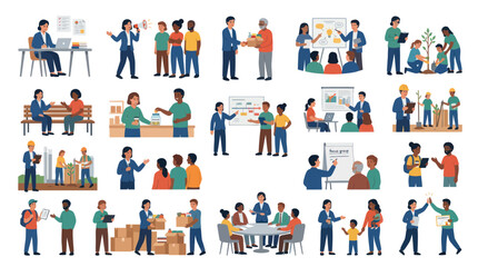 Fototapeta premium Diverse People in Business, Teamwork, Education, and Community Flat Vector Illustrations