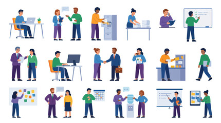 Fototapeta premium Diverse Business Office Workers Flat Vector Illustration Set: Professionals Collaborating and Working in Corporate Environment