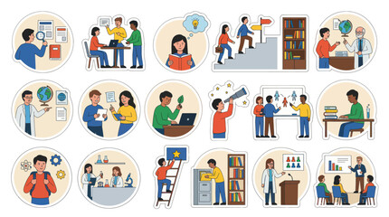 Fototapeta premium Flat Vector Education Learning Illustrations: Students, Teachers, and Academic Processes