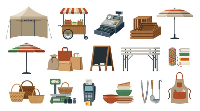 Farmers Market Retail Supplies Flat Vector Illustration. Local Store Vendor Booth Elements  Equipment Set.