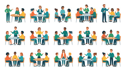 Fototapeta premium Diverse People in Meeting, Collaboration and Discussion Scenes, Flat Style