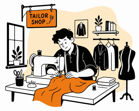 cartoon doodle of tailor sewing fabric at small shop sewing machine