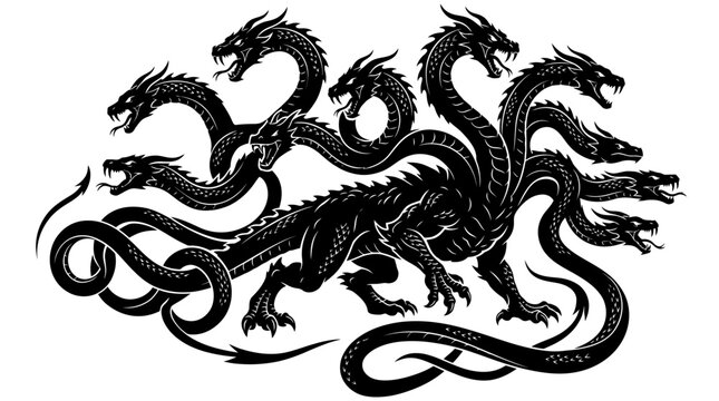 Detailed hydra silhouette with many dragon heads.
