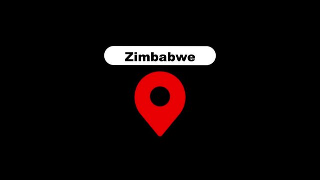 Zimbabwe map location pin animation on black background, travel destination marker