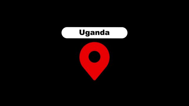 Uganda location pin animation on black background, travel and mapping concept marker
