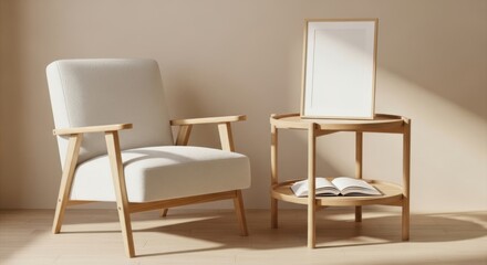 Obraz premium Modern armchair and side table with subtle natural light and shadows