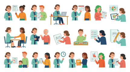 Fototapeta premium Diverse Professionals in Meeting, Learning, Coaching, Health, Flat Design
