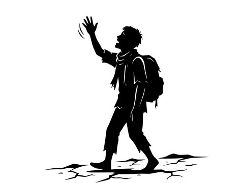 Silhouette of a distressed traveler waving for help, walking on cracked ground.