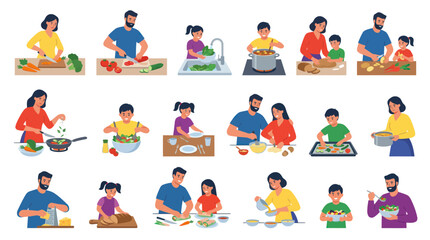 Fototapeta premium Flat Style Illustration of Families Cooking Together, Healthy Food Preparation