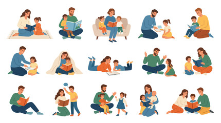 Fototapeta premium Diverse Family Reading Books Together - Flat Design Illustration