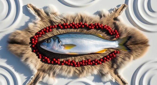 Fresh Whole Fish on Fur Pelt and Red Berries