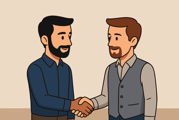 Fototapeta premium Two young professional businessmen shaking hands as a sign of successful partnership or agreement on light beige background.