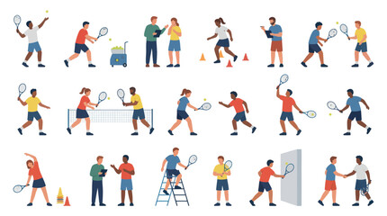 Fototapeta premium Flat Style Illustration of People Playing Tennis, Sports Coaching, and Fitness