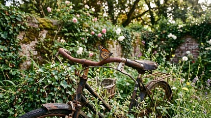 Naklejka premium A butterfly perched on a rusty bicycle in a lush garden with flowers