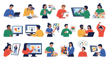 Fototapeta premium Creative Design Process Flat Vector Illustration: Artists and Designers Working with Digital Tools Art Supplies