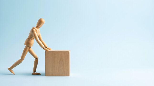Mid-year performance review and business growth analysis concept with wooden mannequin pushing wooden block with copy space for kpi tracking employee evaluation presentation slide
