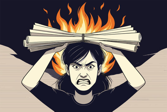 Angry frustrated woman holding a bundle of burning documents on her head representing extreme stress and burnout.