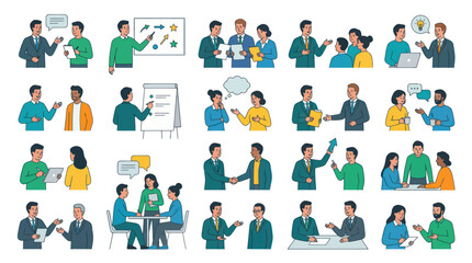 Fototapeta premium Linear Flat Vector Business People Communication Illustrations. Corporate Teamwork, Meeting Brainstorming Icons