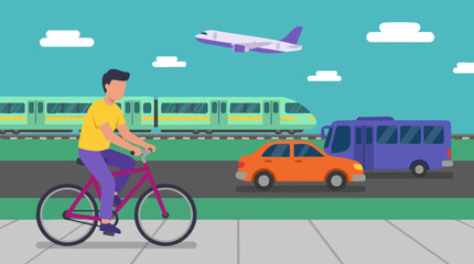 Urban transport illustration with cyclist, car, bus, train, and airplane © Artify