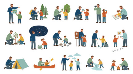 Fototapeta premium Father and Child Outdoor Activities Flat Vector Illustration Set - Parenting, Nature Exploration Education