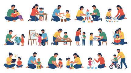 Fototapeta premium Flat Illustration: Parents and Children Engaged in Family Education, Learning, and Development Activities