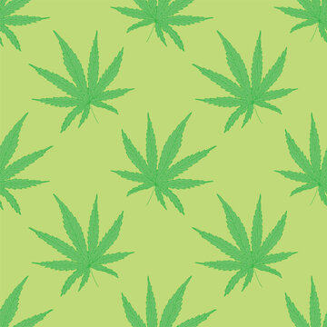 Seamless pattern with hand drawn cannabis leaf Medicine marijuana Hemp leaves For decorative print, wrapping paper, fabric, packaging, background