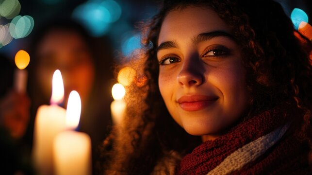 Candlelight glows on young activistsa?? faces during a peaceful protest, advocating for social justice and human rights