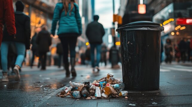 Busy pedestrians walking past an overflowing trash can on a vibrant city street, highlighting issues of litter and environmental neglect